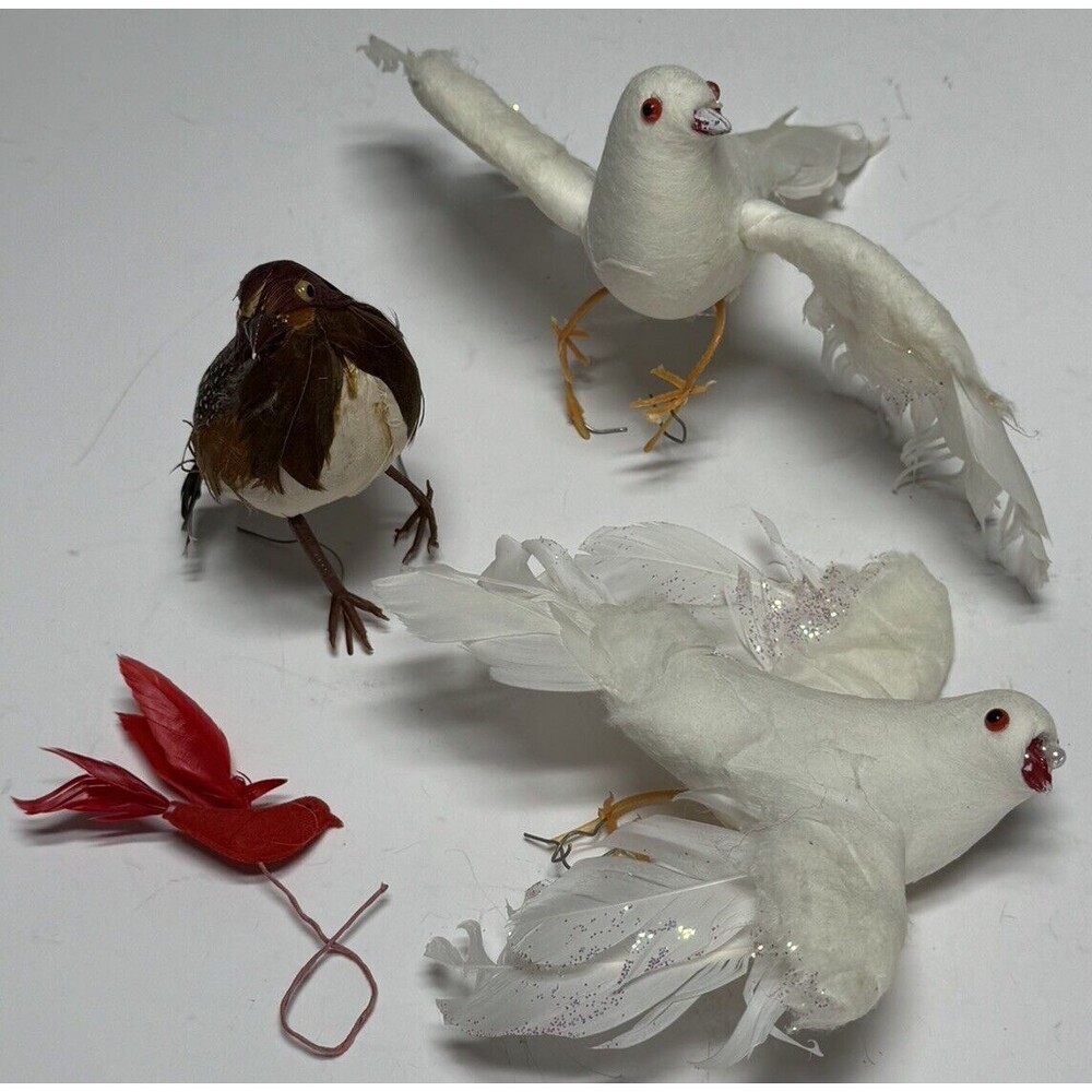 4 VTG Spun Cotton Feather Bird Lot White Dove Sparrow Red Christmas Ornaments